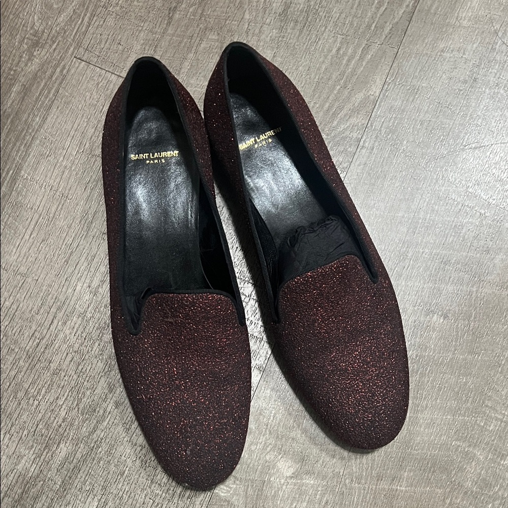 Saint Laurent Burgundy Glitter Loafers